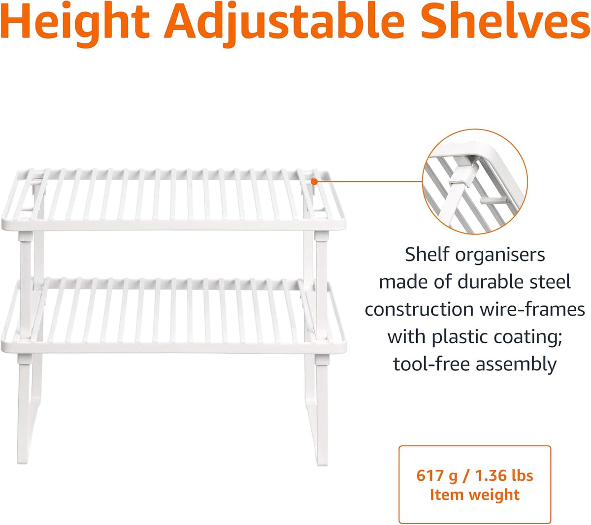 Amazon Basics Space-Saving Stackable Metal Kitchen Cabinet Organizer Shelves for Dishes, Pantry Organization, 12.5" L x 8" D x 4.5" H, Set of 2, White