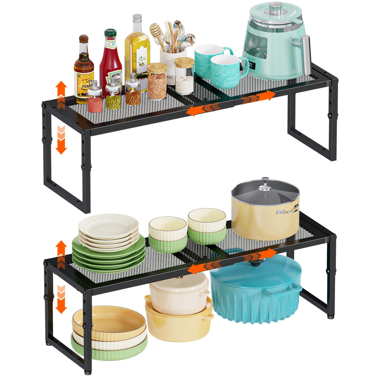 2 Pack Expandable Cabinet Shelf Organizer, Adjustable Kitchen Countertop Metal Storage Shelves Organizers, Stackable Kitchen Counter Pantry Cupboard Storage Rack, 30LBS Load Capacity,15.5"-25.5" Long