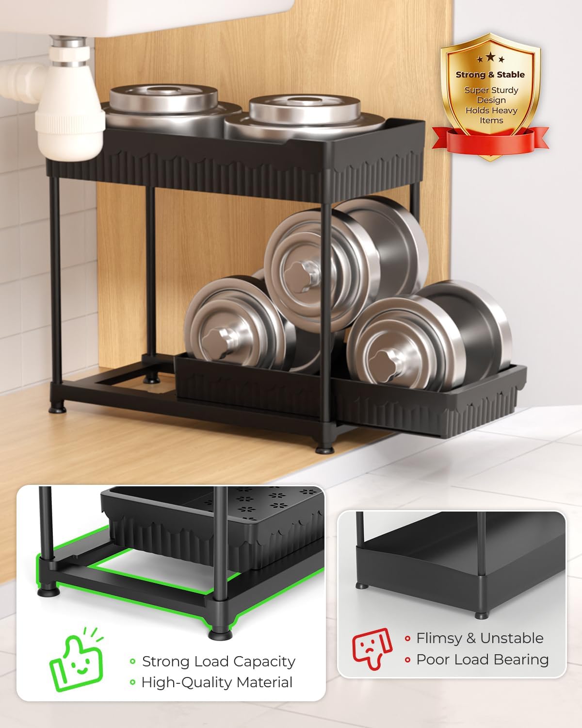 Sevenblue 3-Pack 2-Tier Under Sink Organizers with Sliding Drawers
