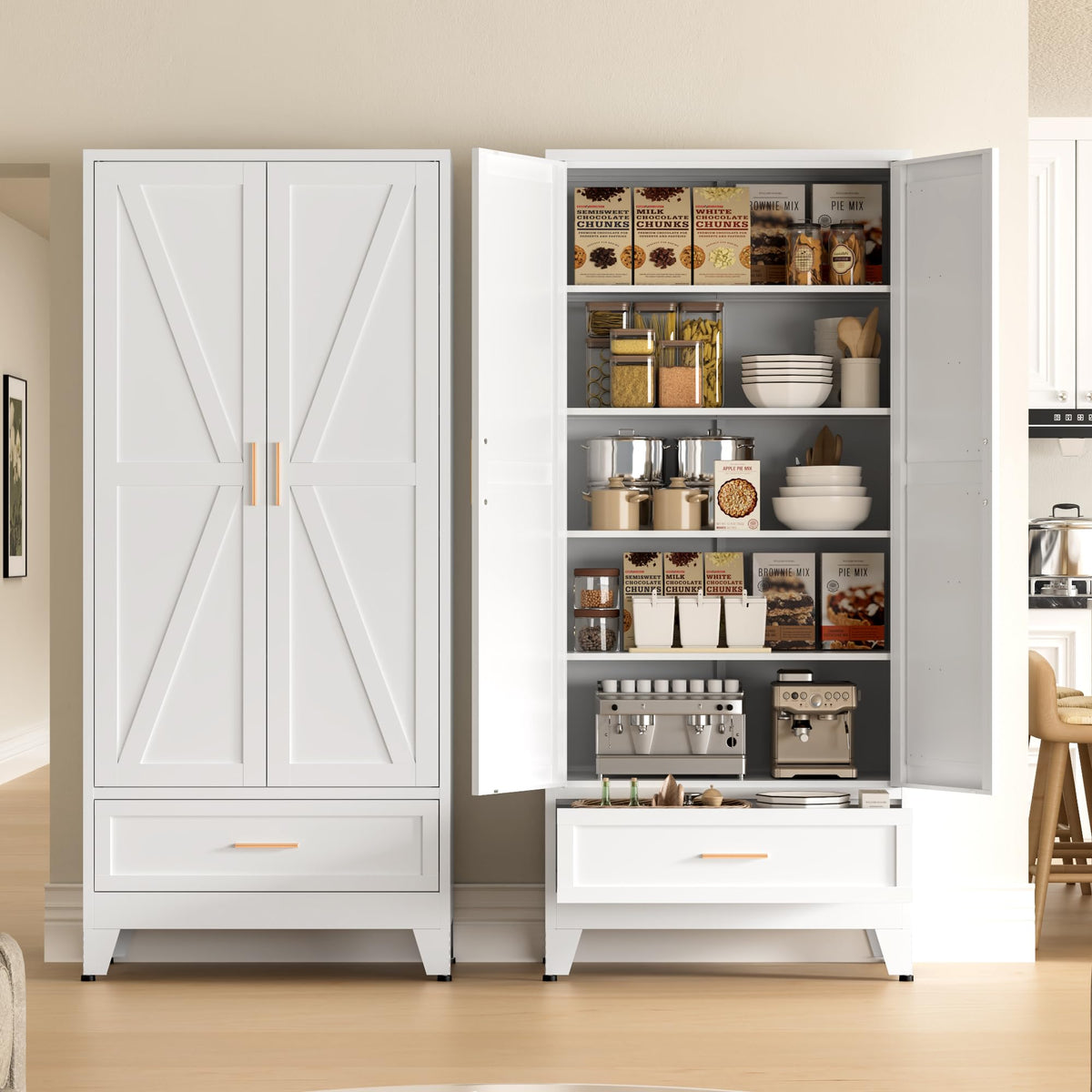 COFaR White Farmhouse Storage Kitchen Pantry Cabinet with 2 Barn Door, 3 Adjustable Shelves and Legs, for Cupboard/Dining Room/Bathroom/Living Room/Office/Laundry Room (White, 61" Farmhouse)