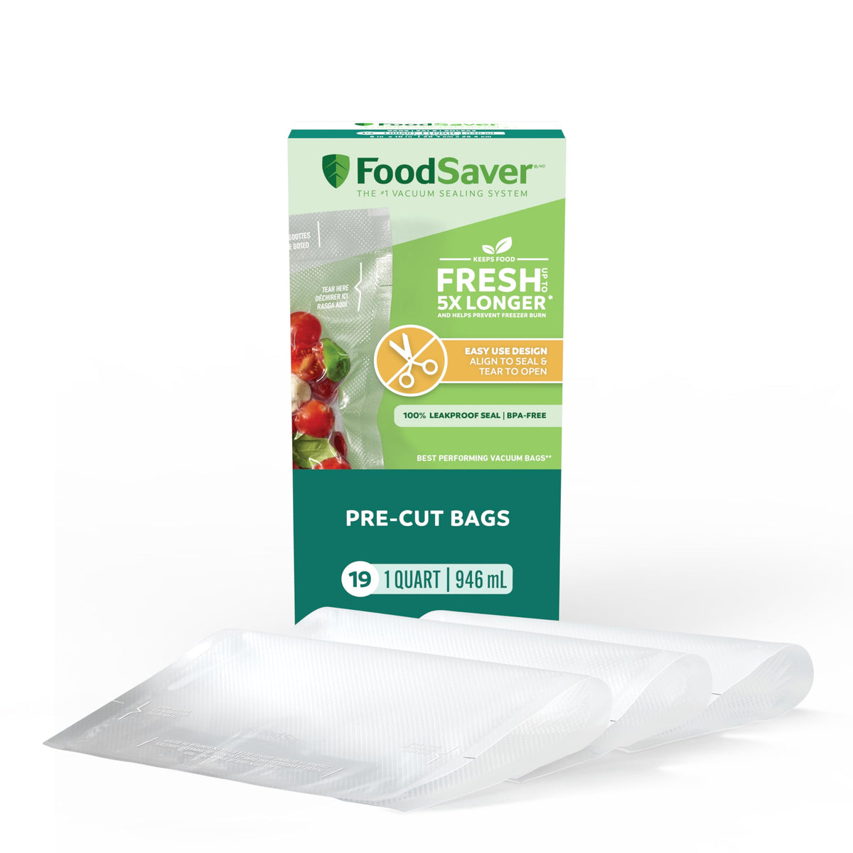 FoodSaver Quart Pre-Cut Vacuum Seal Bags, Easy Use Vacuum Storage Bags, Align to Seal and Tear to Open Vacuum Sealer Storage Bags, 43 Pack