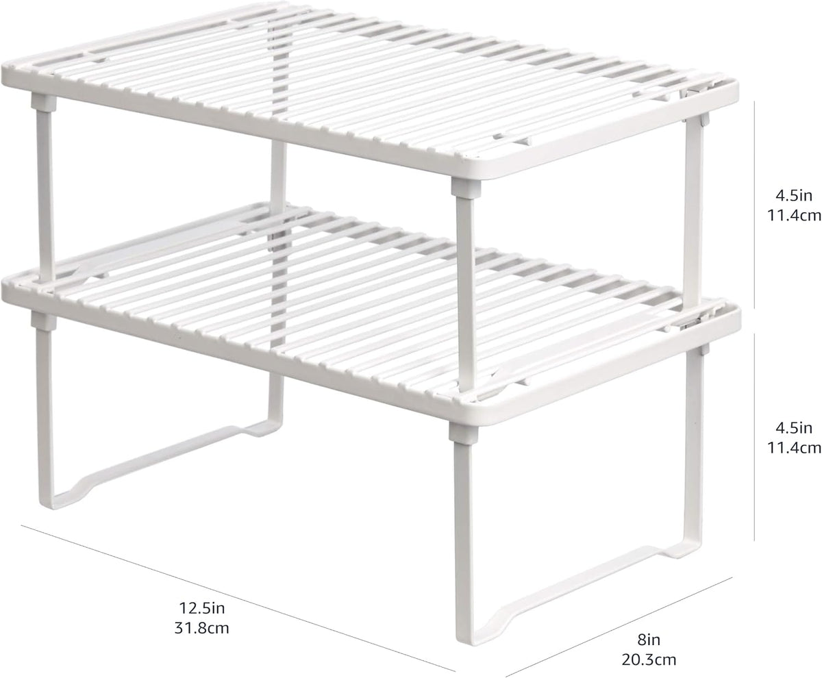 Amazon Basics Space-Saving Stackable Metal Kitchen Cabinet Organizer Shelves for Dishes, Pantry Organization, 12.5" L x 8" D x 4.5" H, Set of 2, White