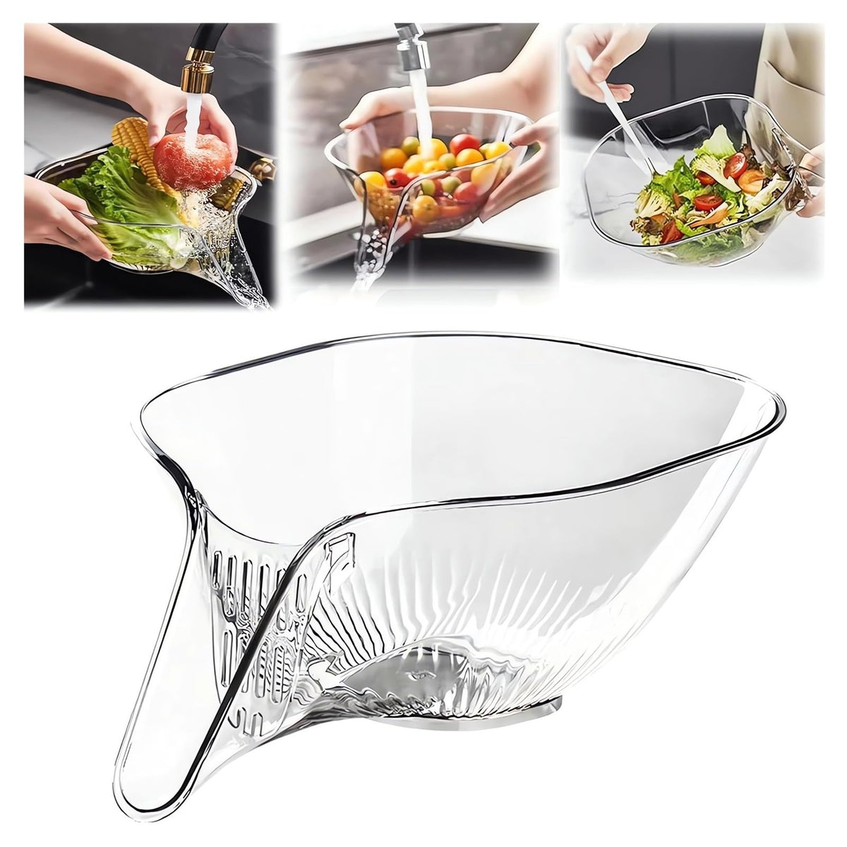 Multi-functional Drain Basket - 2024 New Fruit Cleaning Bowl with Strainer Container, Kitchen Sink Food Catcher Drainer Rinser Vegetable Washing Filter over the Colander (1PC, Clear)