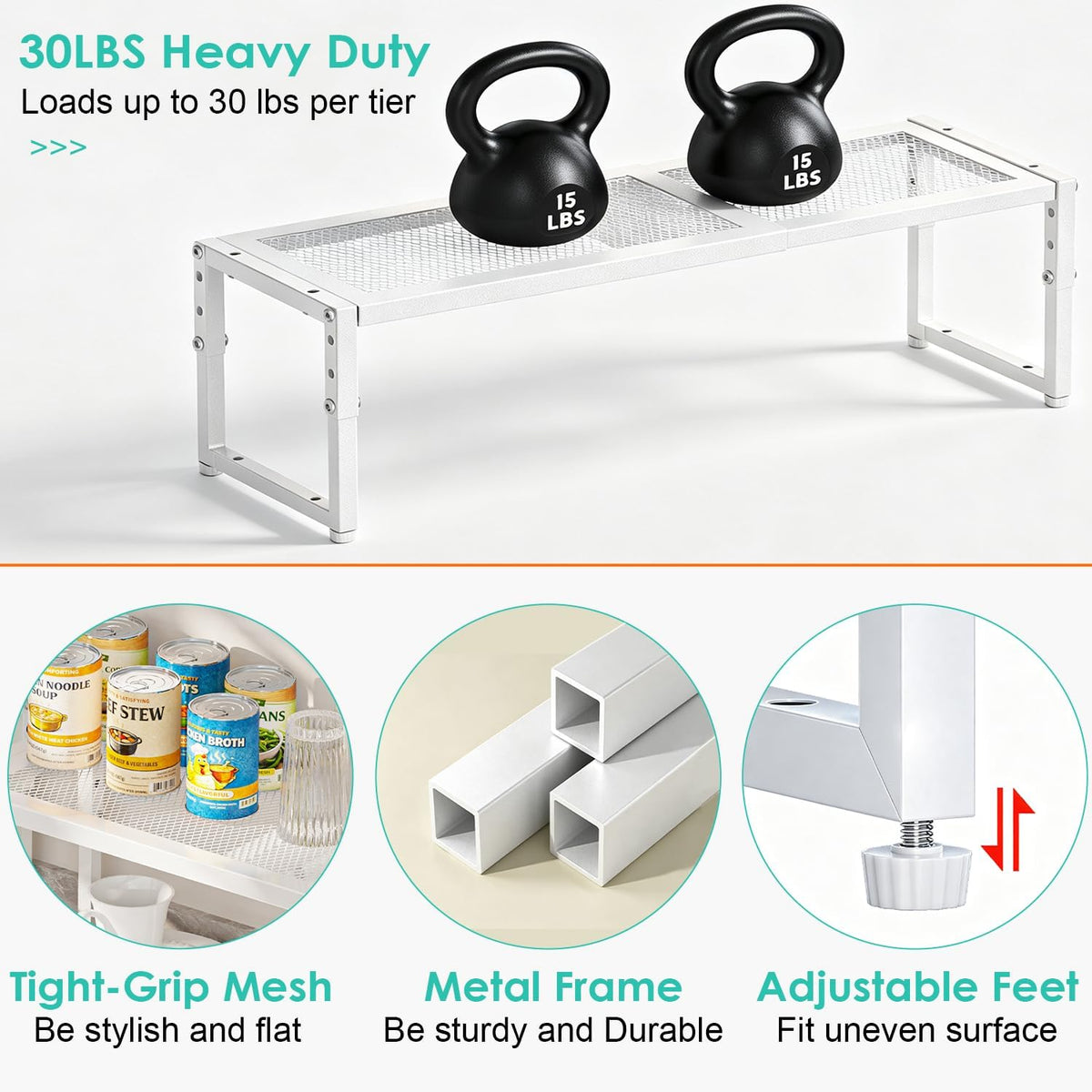 2 Pack Expandable Cabinet Shelf Organizer, Adjustable Kitchen Countertop Metal Storage Shelves Organizers, Stackable Kitchen Counter Pantry Cupboard Storage Rack, 30LBS Load Capacity,15.5"-25.5" Long