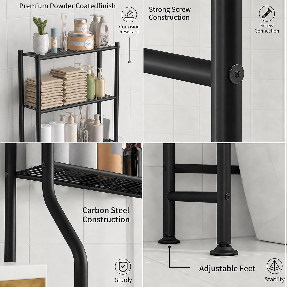GloTika 3-Tier Over Toilet Storage, Anti-Tilt, 64" H, Black