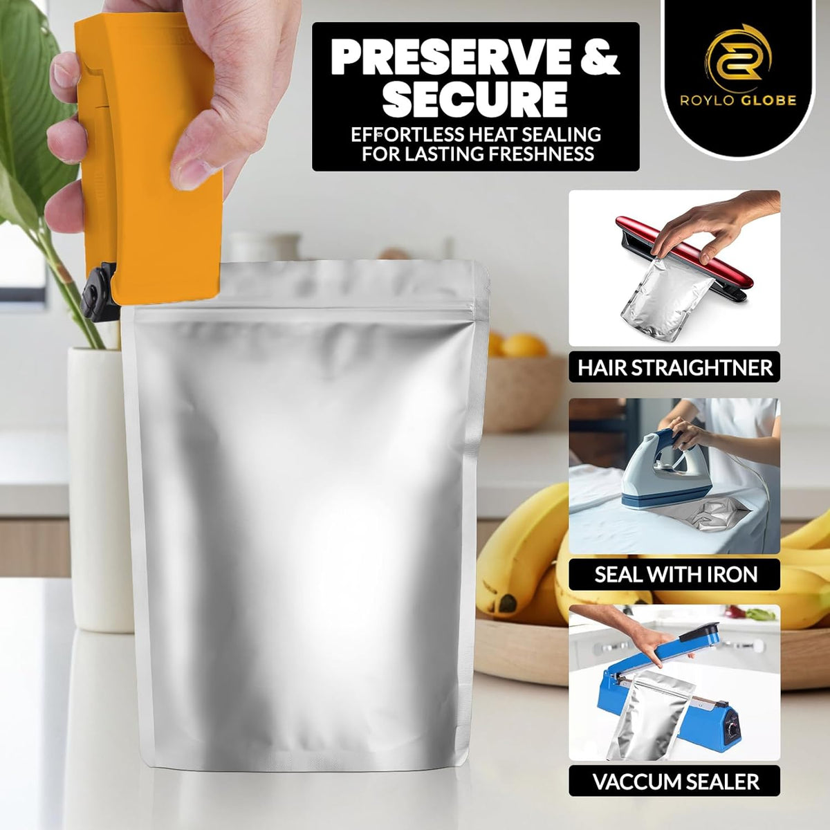 120 Mylar Bags with 150 Oxygen Absorbers-168 Labels & Stand-Up Reusable