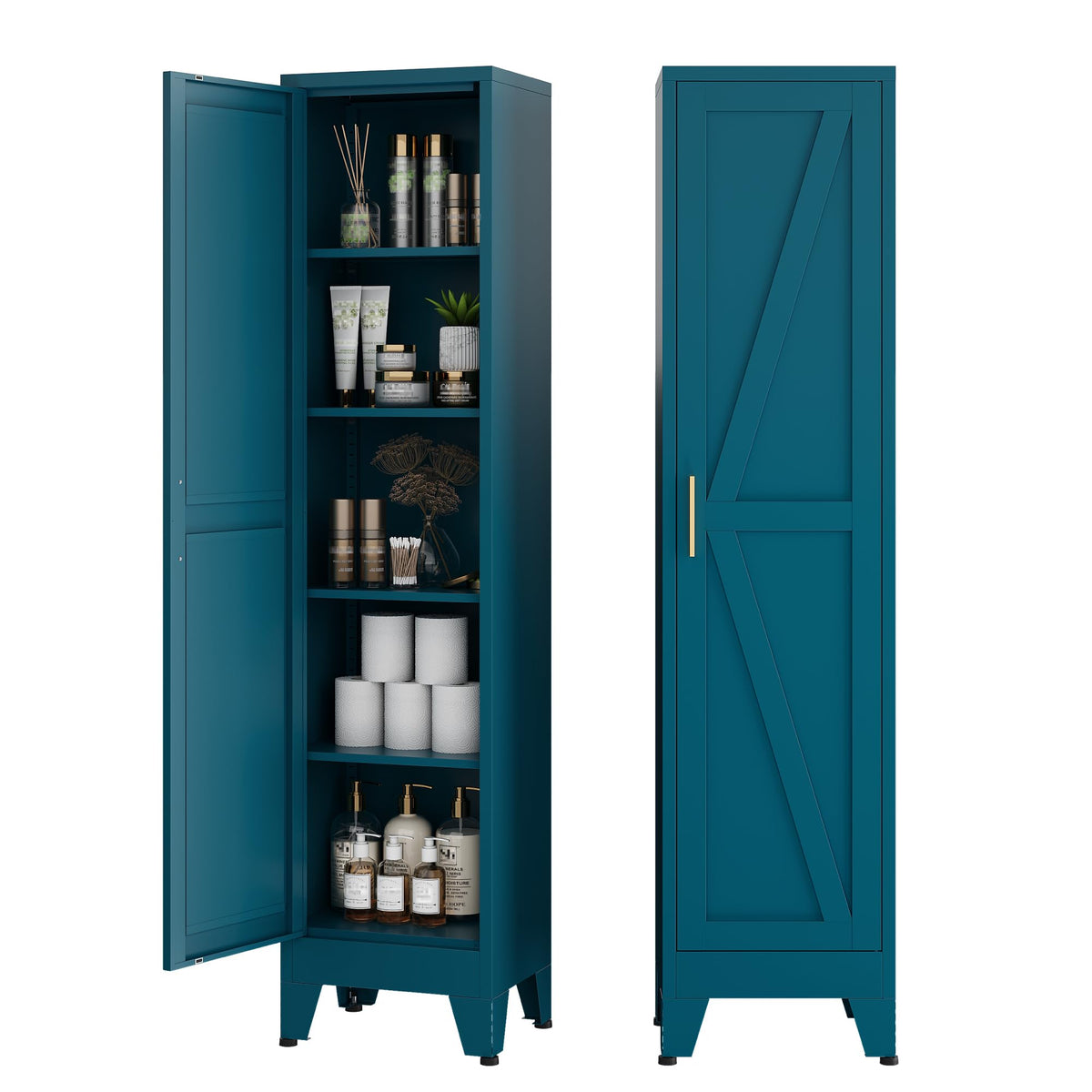 COFaR White Farmhouse Storage Kitchen Pantry Cabinet with 2 Barn Door, 3 Adjustable Shelves and Legs, for Cupboard/Dining Room/Bathroom/Living Room/Office/Laundry Room (White, 61" Farmhouse)