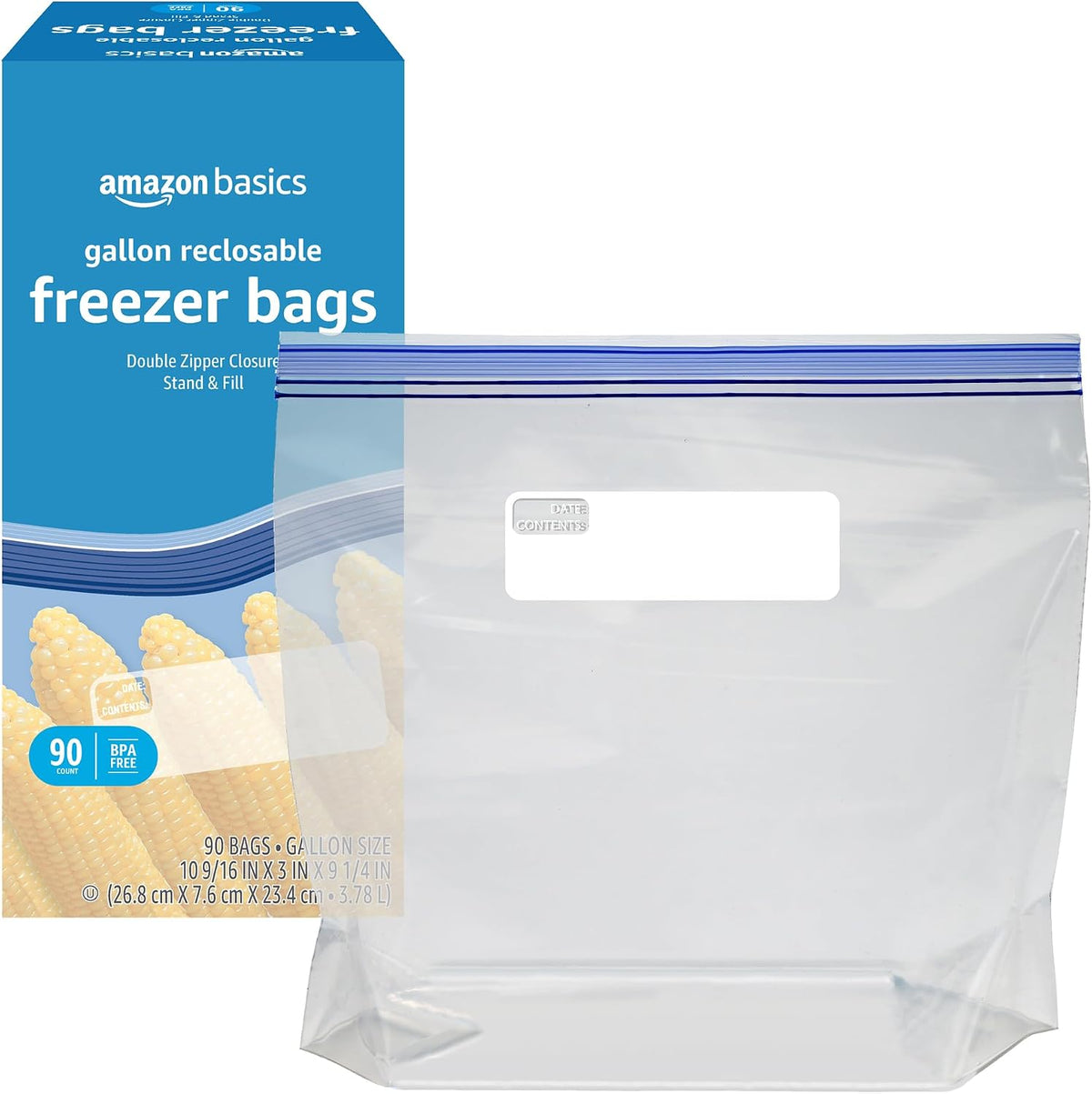 Amazon Basics Reclosable Freezer Gallon Size Bags with Double Zipper Seal, Stand-Up Bottom, BPA Free, 90 Count (Previously Solimo)