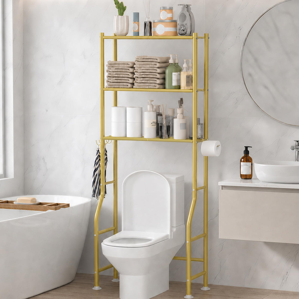 GloTika 3-Tier Over Toilet Storage, Anti-Tilt, 64" H, Black