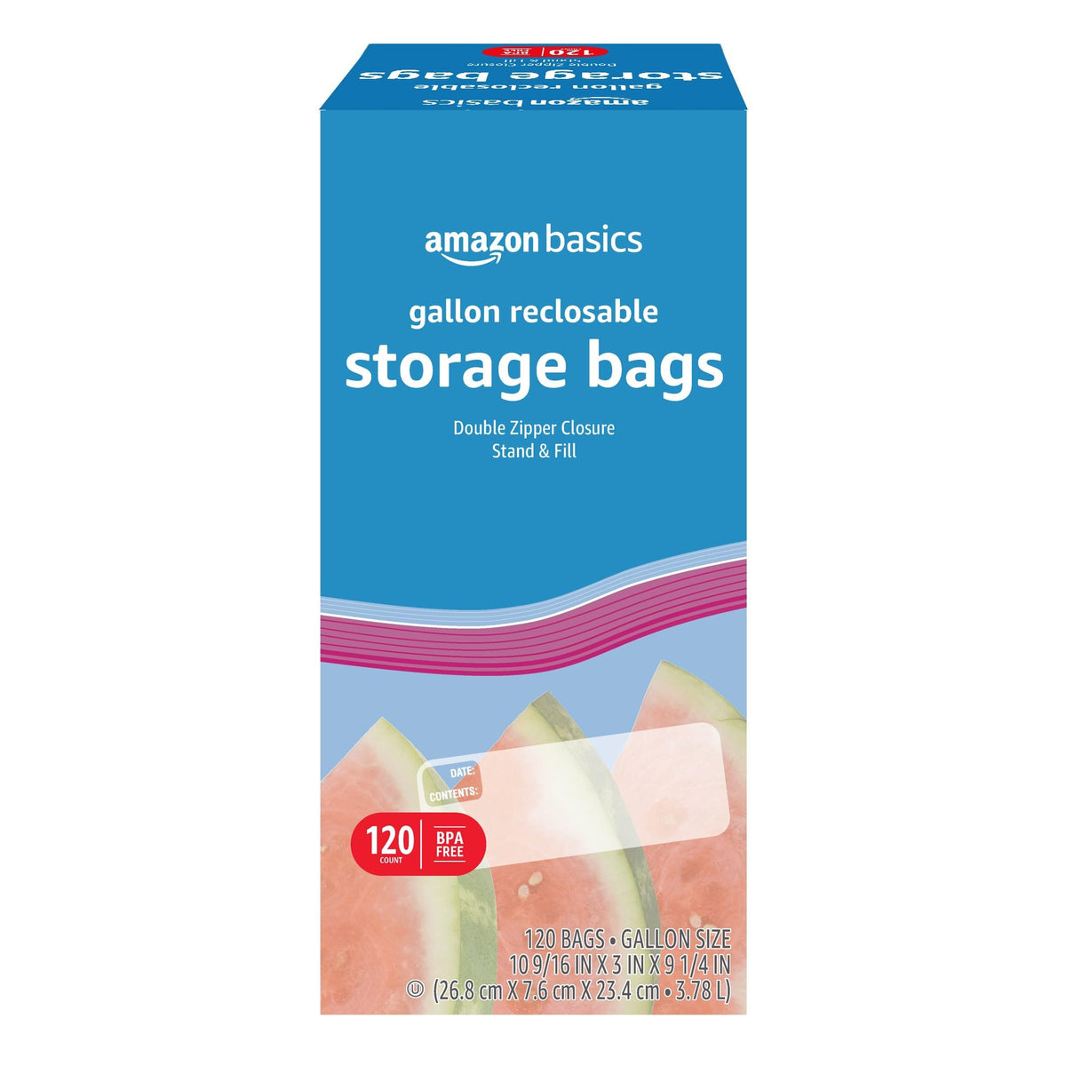 Amazon Basics Reclosable Gallon Food Storage Bags with Double Zipper Seal, Stand and Fill Base, BPA Free, 120 Count