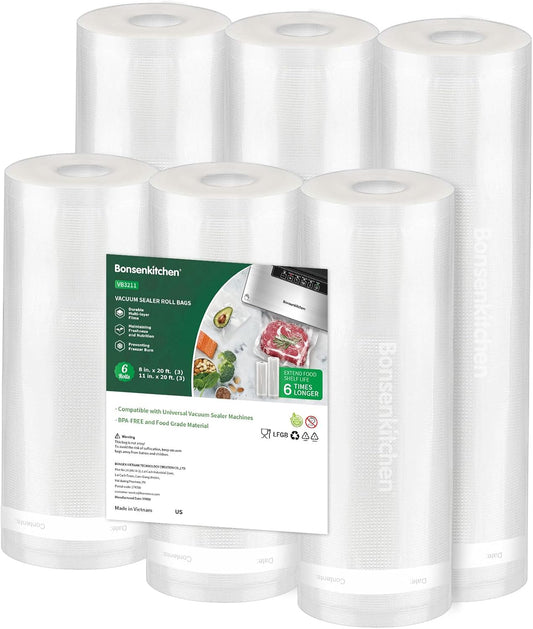 Bonsenkitchen Vacuum Sealer Rolls bags, 3 Rolls 11"x 20'+ 3 Rolls 8"x 20'