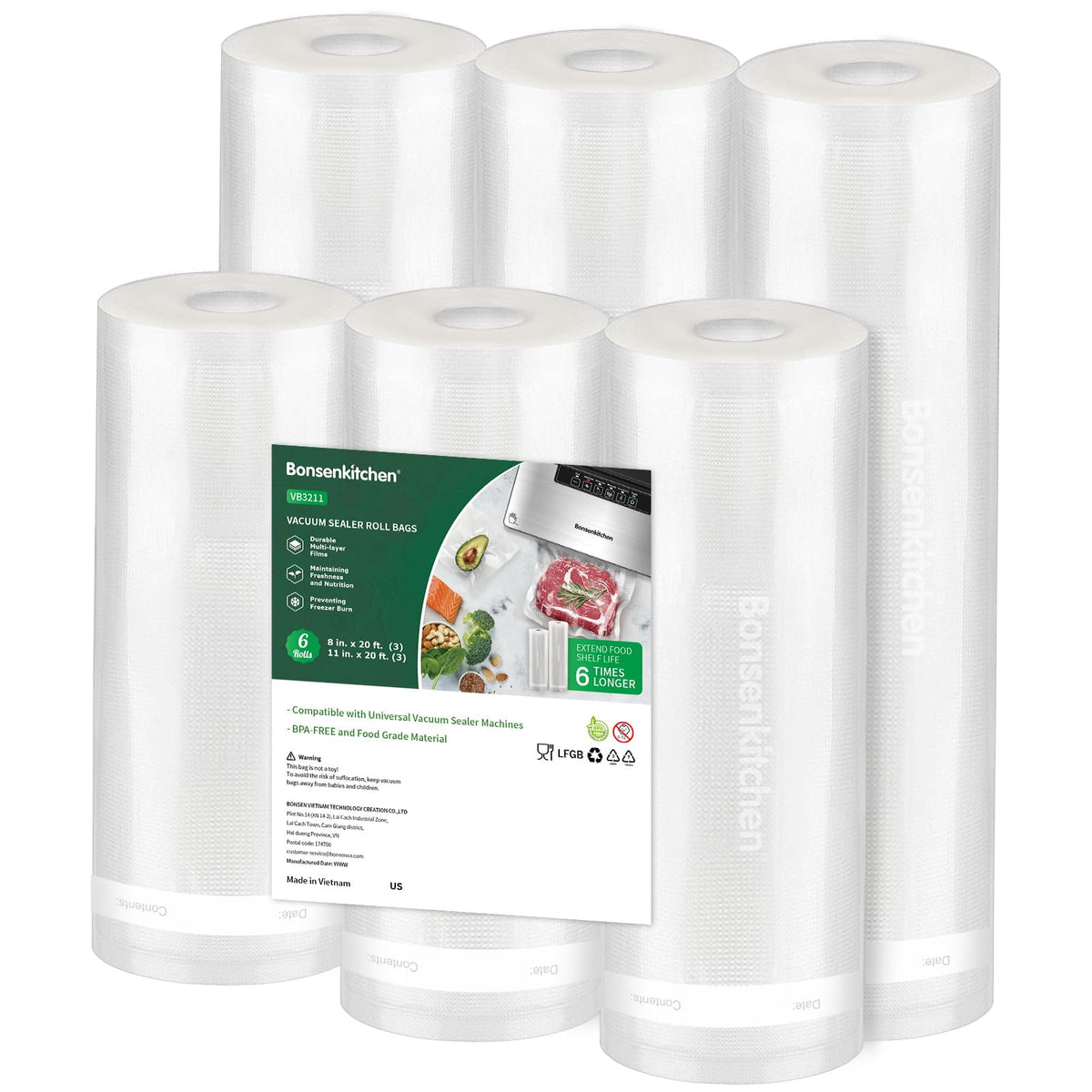 Bonsenkitchen Vacuum Sealer Rolls bags, 3 Rolls 11"x 20'+ 3 Rolls 8"x 20'