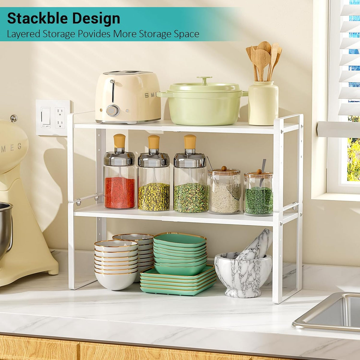 2 Pack Expandable Cabinet Organizer Shelves, 88lbs High Weight Capacity, Stackable Heavy-Duty Metal Storage Rack, Adjustable Cabinet Shelf for Kitchen, Pantry, Cupboard, Under Sink, White