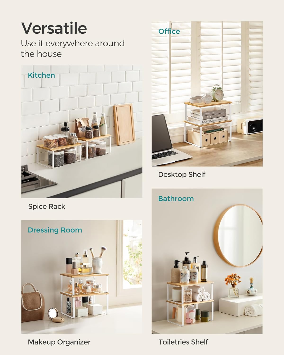 SONGMICS Cabinet Organizer Shelf, Set of 4 Spice Rack, Kitchen Storage