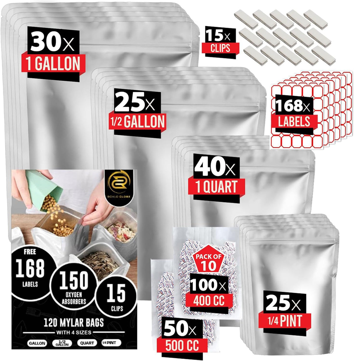 120 Mylar Bags with 150 Oxygen Absorbers-168 Labels & Stand-Up Reusable