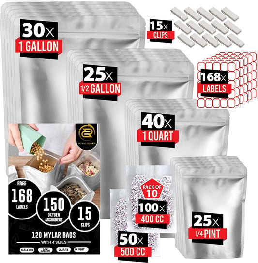 120 Mylar Bags with 150 Oxygen Absorbers-168 Labels & Stand-Up Reusable