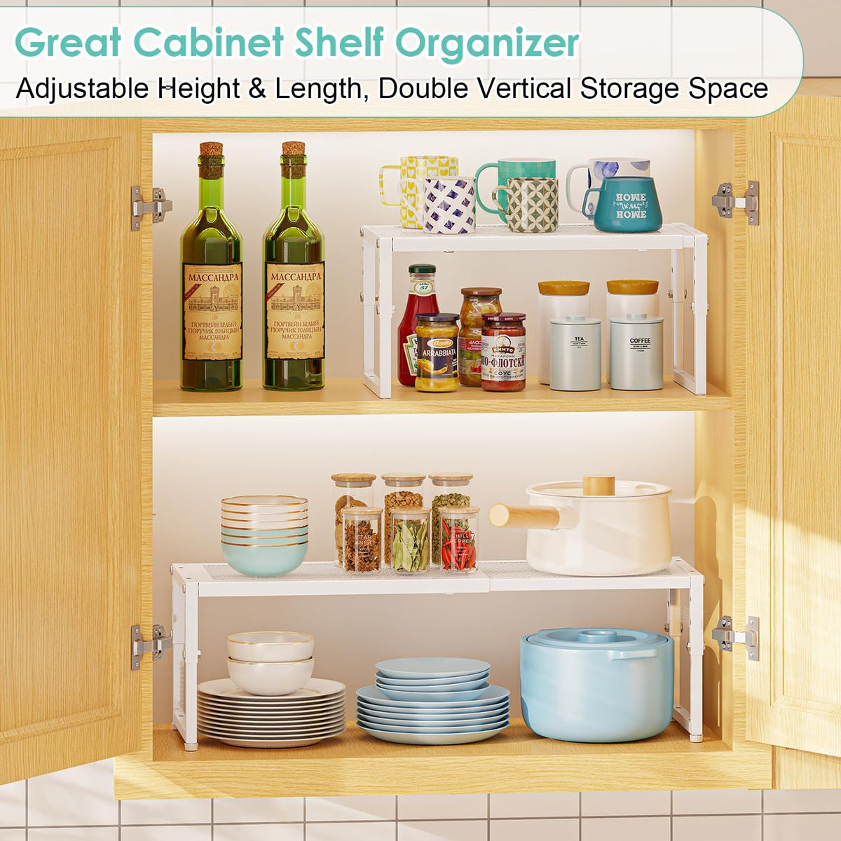2 Pack Expandable Cabinet Shelf Organizer, Adjustable Kitchen Countertop Metal Storage Shelves Organizers, Stackable Kitchen Counter Pantry Cupboard Storage Rack, 30LBS Load Capacity,15.5"-25.5" Long
