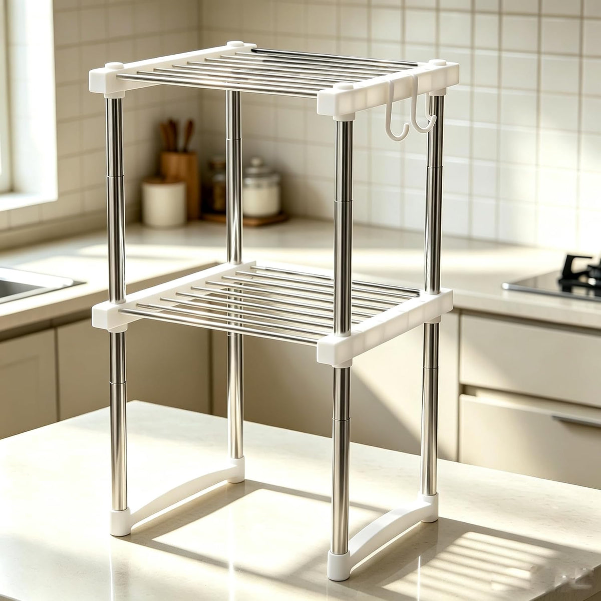BLULEE Expandable Cabinet Organizer, Adjustable Storage Shelf White