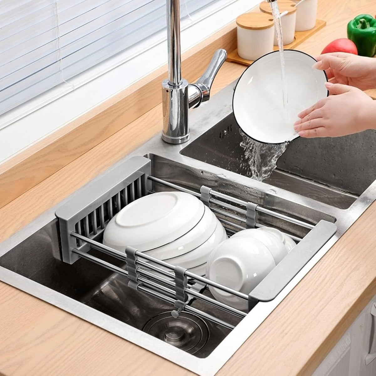 Extend Kitchen Sink Drain Basket,Stainless Steel Retractable Sink Rack,Over Sink Dish Rack,Portable Telescopic Kitchen Sinks Accessories,Extender Basket for Vegetables Fruits and Dishes(Black,Large)