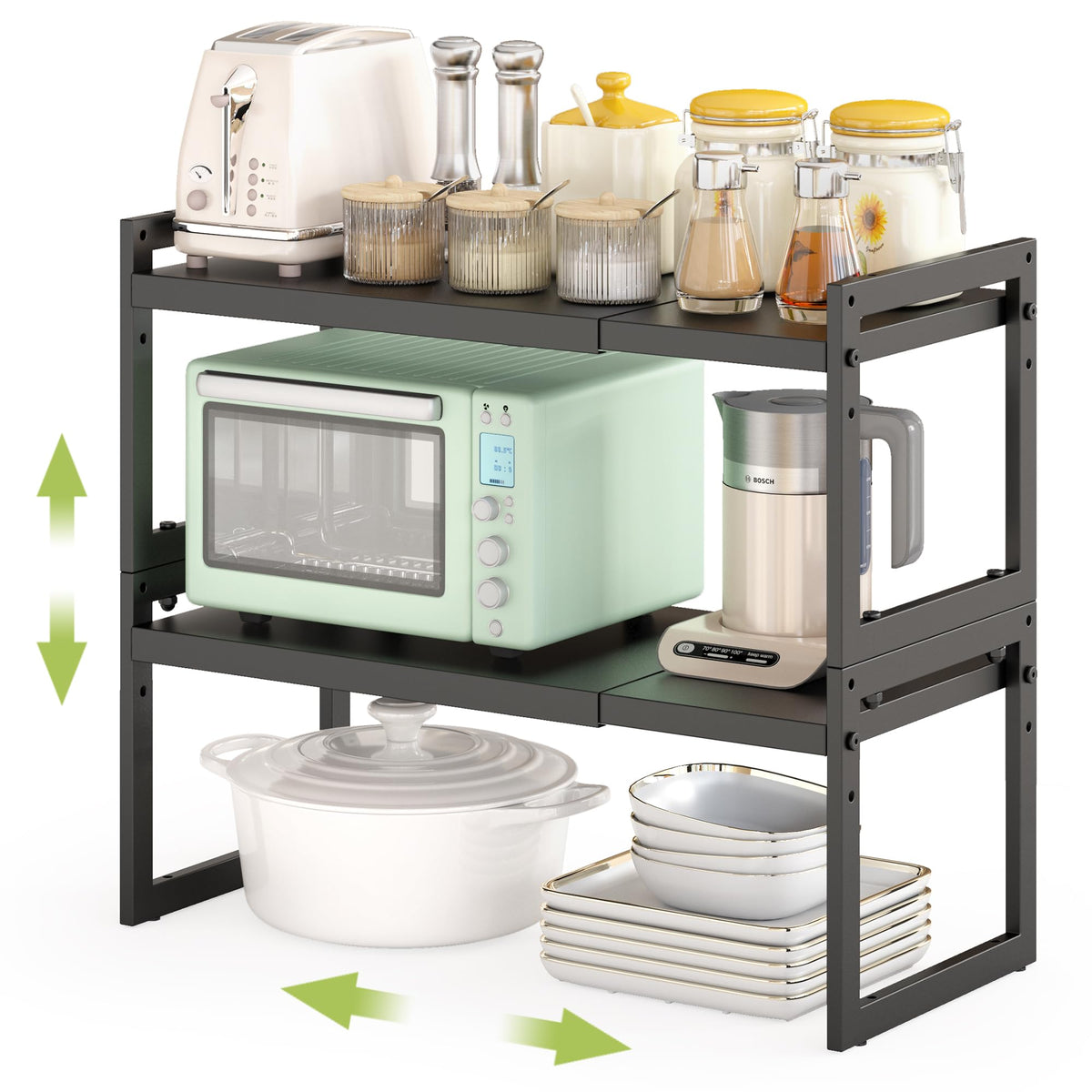 DOLALIKE Expandable Kitchen Countertop Organizer, Stackable Cabinet Shelf Organizers, Space Saving Spice Rack Pantry Storage for Bathroom Office (Black, 1 Pack)