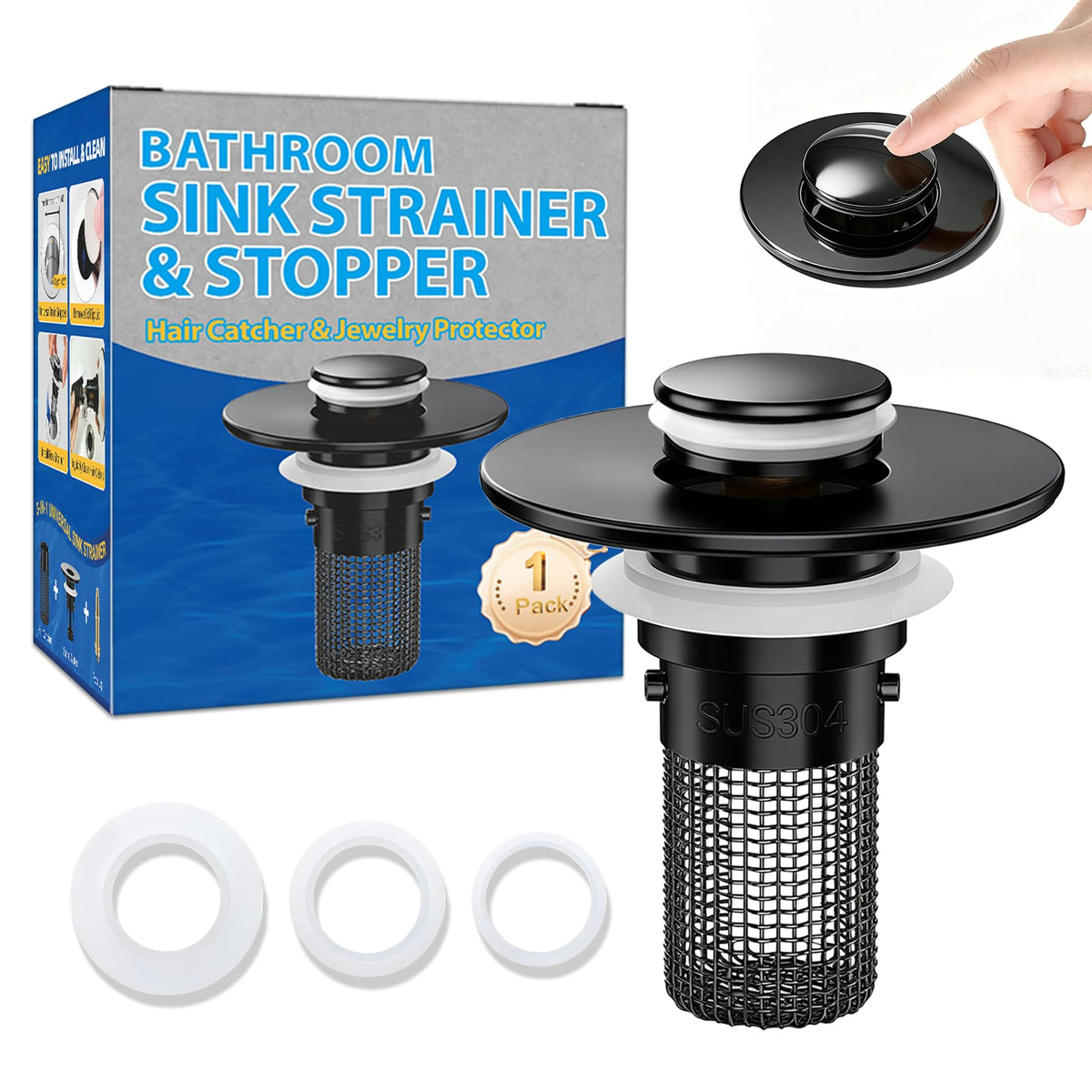 2PCS Bathroom Sink Stopper Strainer, Pop-Up Bathroom Sink Drain Strainer with Removable Stainless Steel Hair Catcher Basket, Universal Fit for US Bathroom Sinks, Bathtubs, Showers & Floor Drains