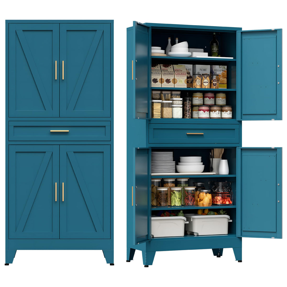 COFaR White Farmhouse Storage Kitchen Pantry Cabinet with 2 Barn Door, 3 Adjustable Shelves and Legs, for Cupboard/Dining Room/Bathroom/Living Room/Office/Laundry Room (White, 61" Farmhouse)