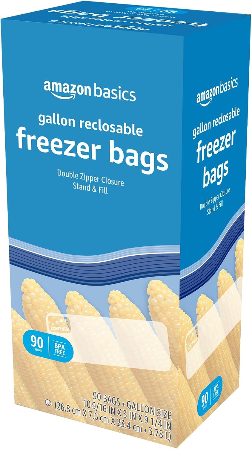 Amazon Basics Reclosable Freezer Gallon Size Bags with Double Zipper Seal, Stand-Up Bottom, BPA Free, 90 Count (Previously Solimo)