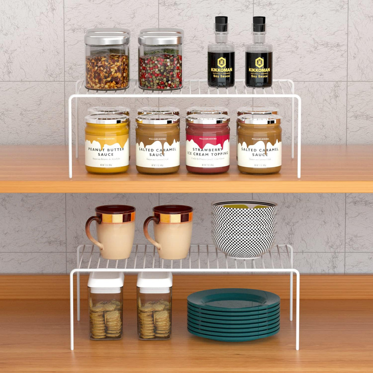 Kitchen Cabinet Shelf Organizer Set of 2, Large (15.7 x 9.4 inch) Metal Wire Pantry Storage Shelves, Dish Plate Racks for Cabinets, Freezer, Counter, Cupboard Organizers and Storage, White