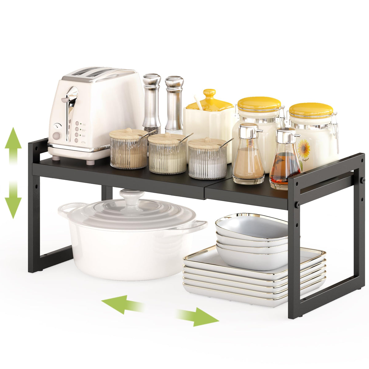 DOLALIKE Expandable Kitchen Countertop Organizer, Stackable Cabinet Shelf Organizers, Space Saving Spice Rack Pantry Storage for Bathroom Office (Black, 1 Pack)