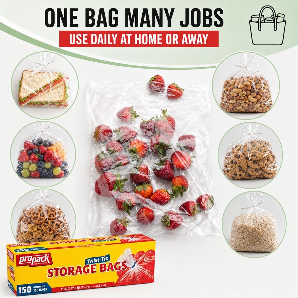 1 Gallon Twist Tie Storage Bags, Clear Plastic Food, 600 Count