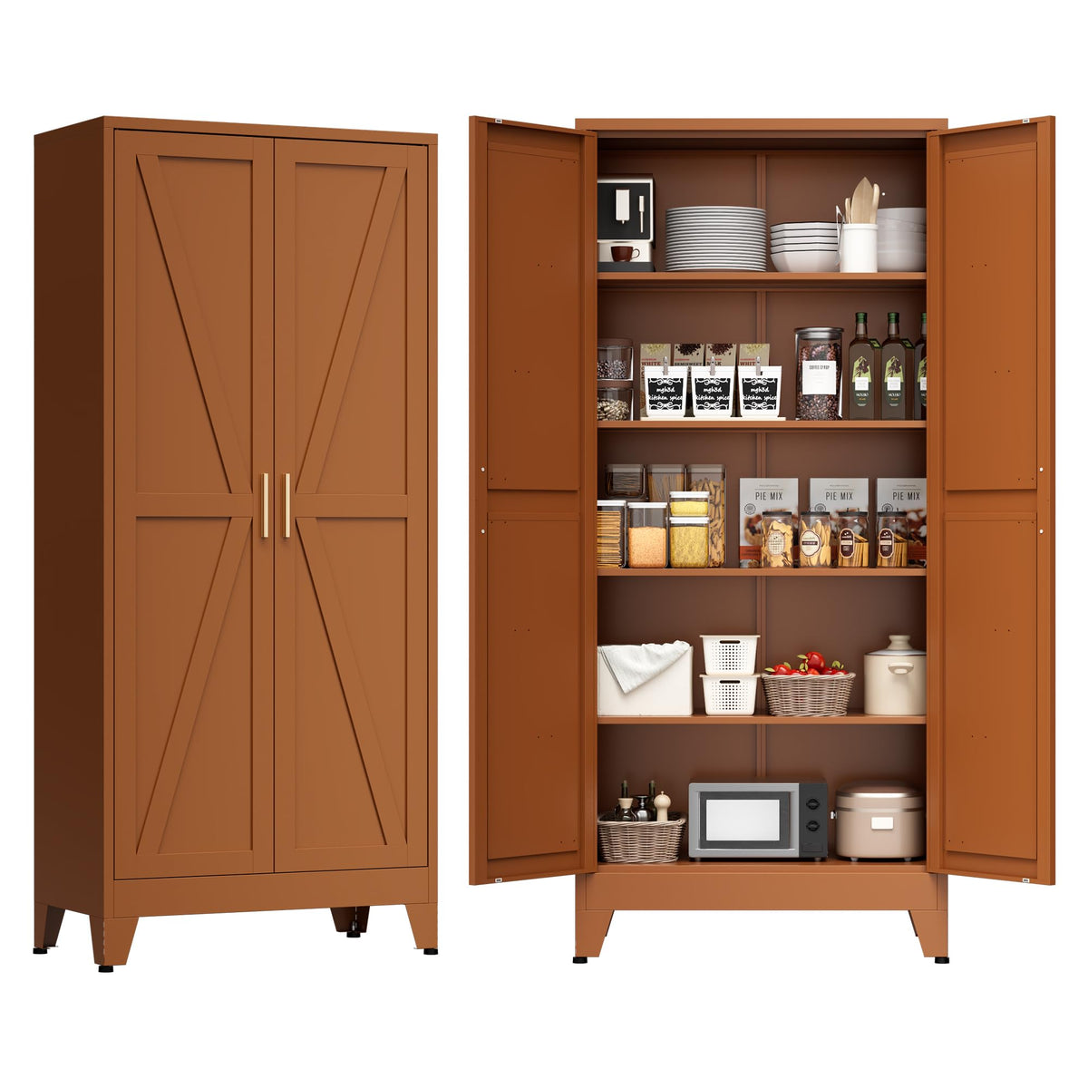 COFaR White Farmhouse Storage Kitchen Pantry Cabinet with 2 Barn Door, 3 Adjustable Shelves and Legs, for Cupboard/Dining Room/Bathroom/Living Room/Office/Laundry Room (White, 61" Farmhouse)