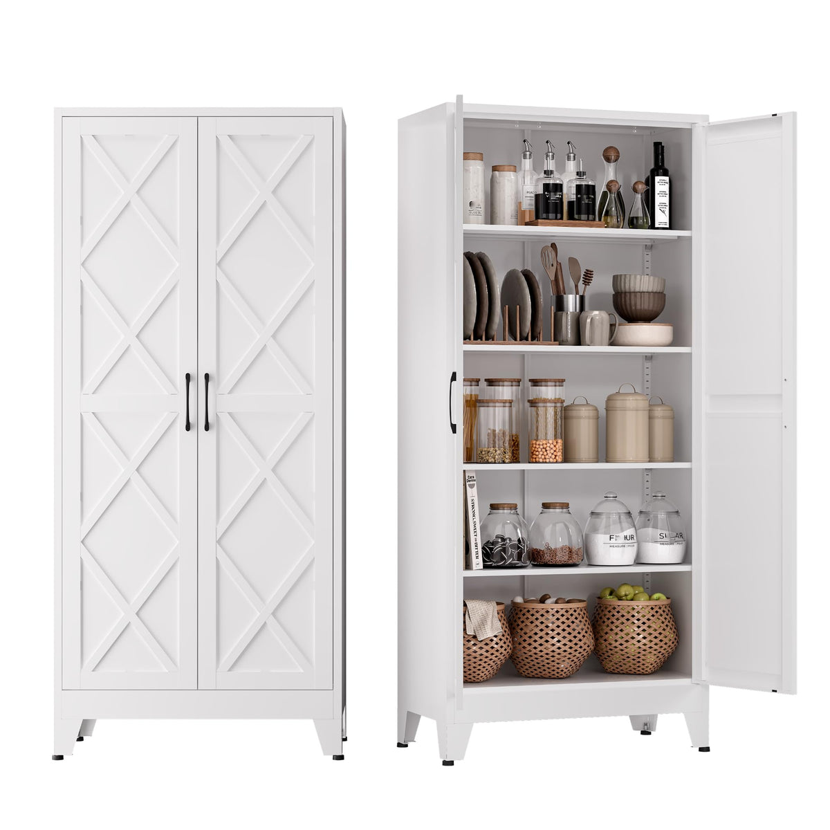 COFaR White Farmhouse Storage Kitchen Pantry Cabinet with 2 Barn Door, 3 Adjustable Shelves and Legs, for Cupboard/Dining Room/Bathroom/Living Room/Office/Laundry Room (White, 61" Farmhouse)