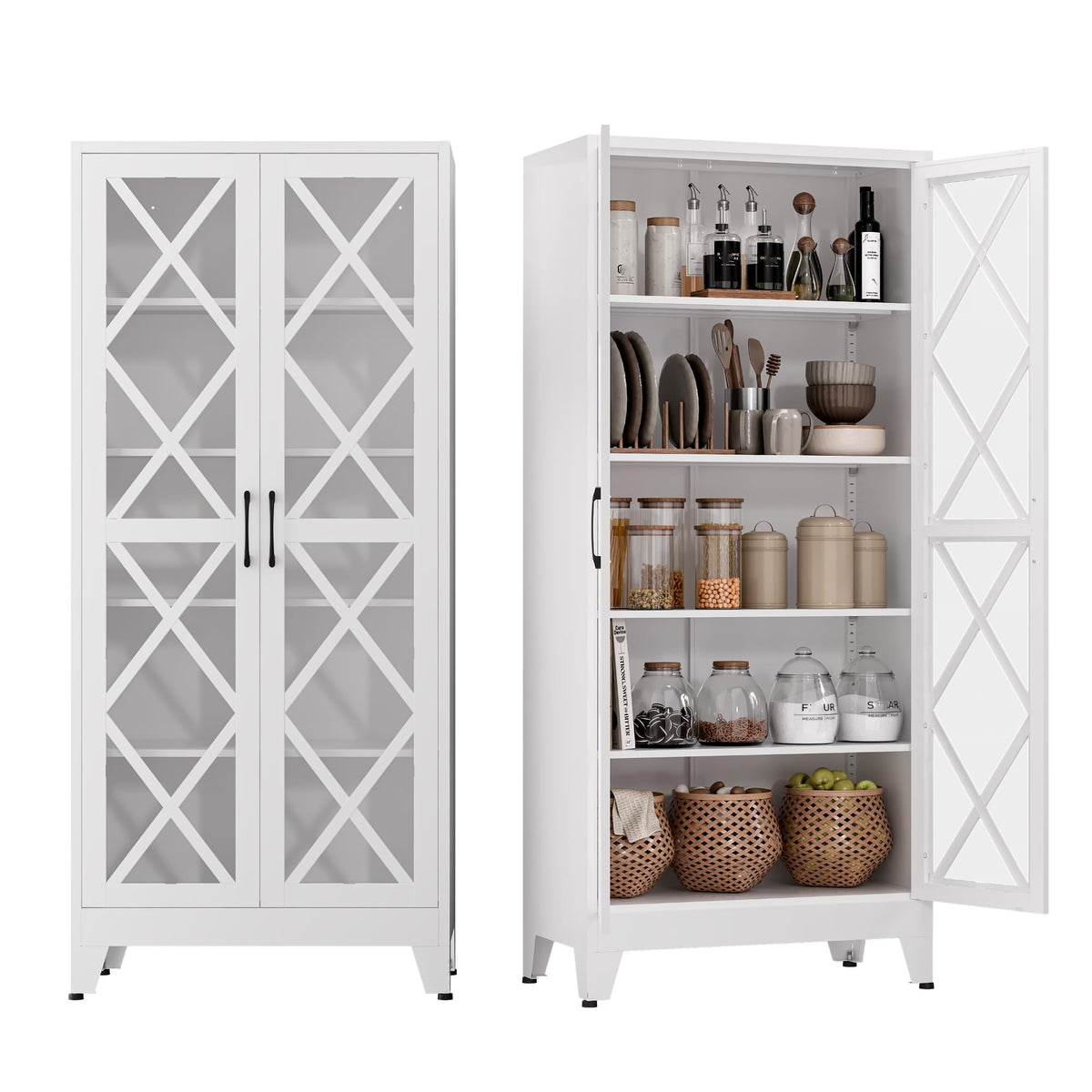 COFaR White Farmhouse Storage Kitchen Pantry Cabinet with 2 Barn Door, 3 Adjustable Shelves and Legs, for Cupboard/Dining Room/Bathroom/Living Room/Office/Laundry Room (White, 61" Farmhouse)