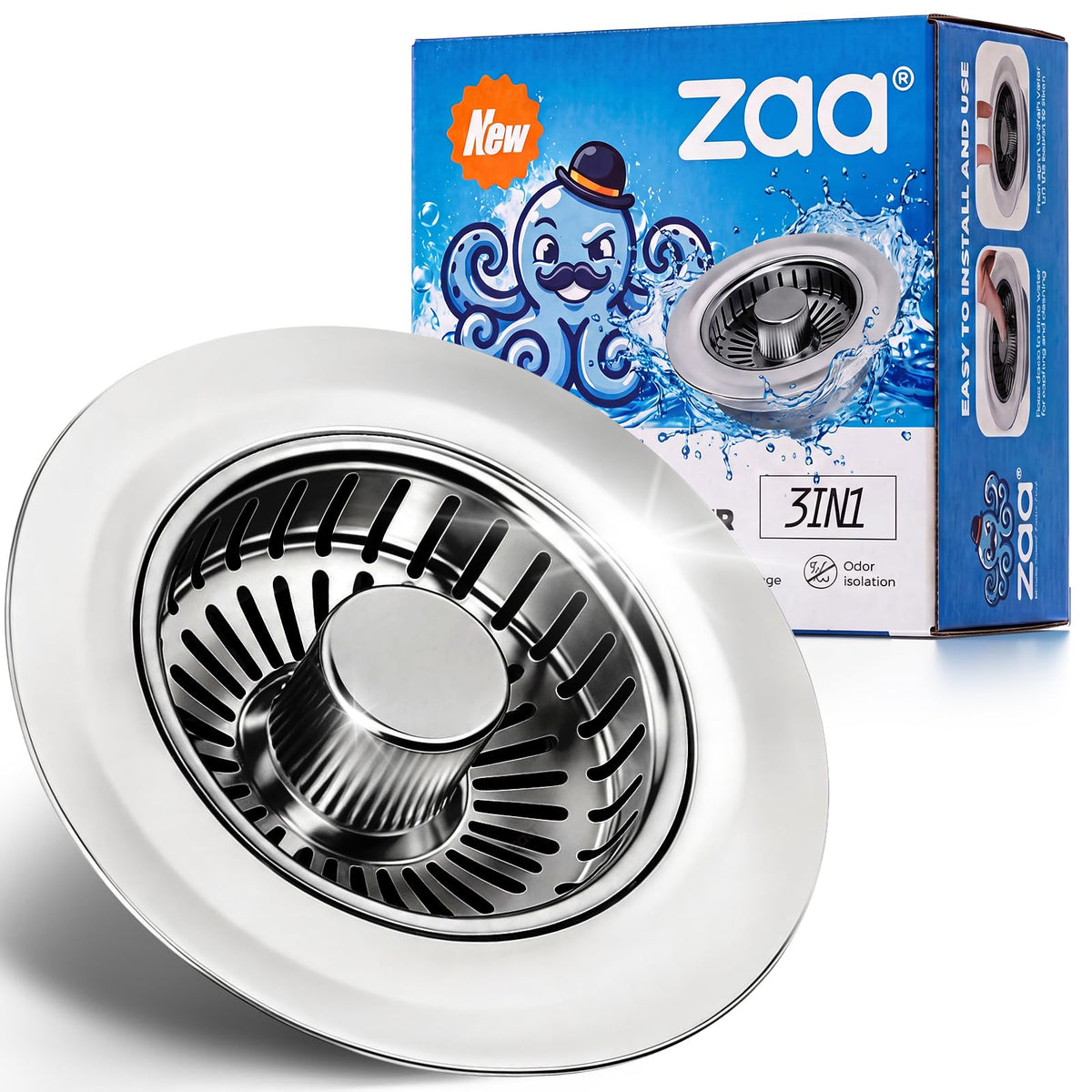 zaa 3 in 1 Kitchen Sink Drain Strainer Stopper Removable Basket Pop-Up