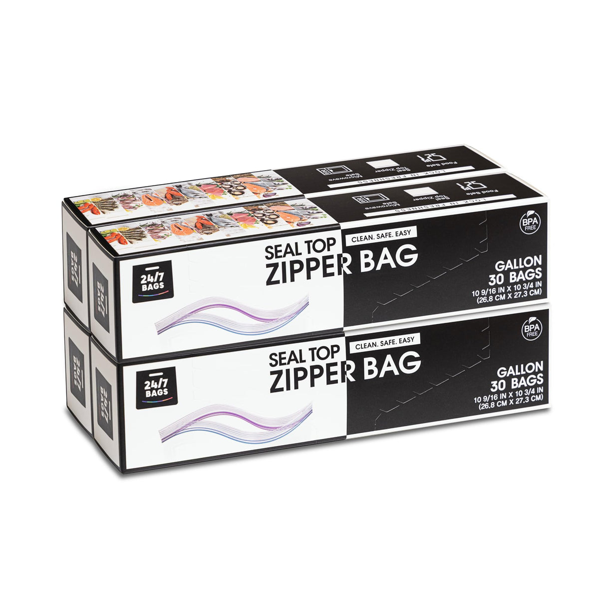 24/7 Bags- Variety Zip Storage Bags, 275 Count, 4 Sizes Including 2 Gallons, Easy Grip Open Tabs, Write-On Space, BPA-Free & Heavy Duty, Microwave Safe, Non-StandUp