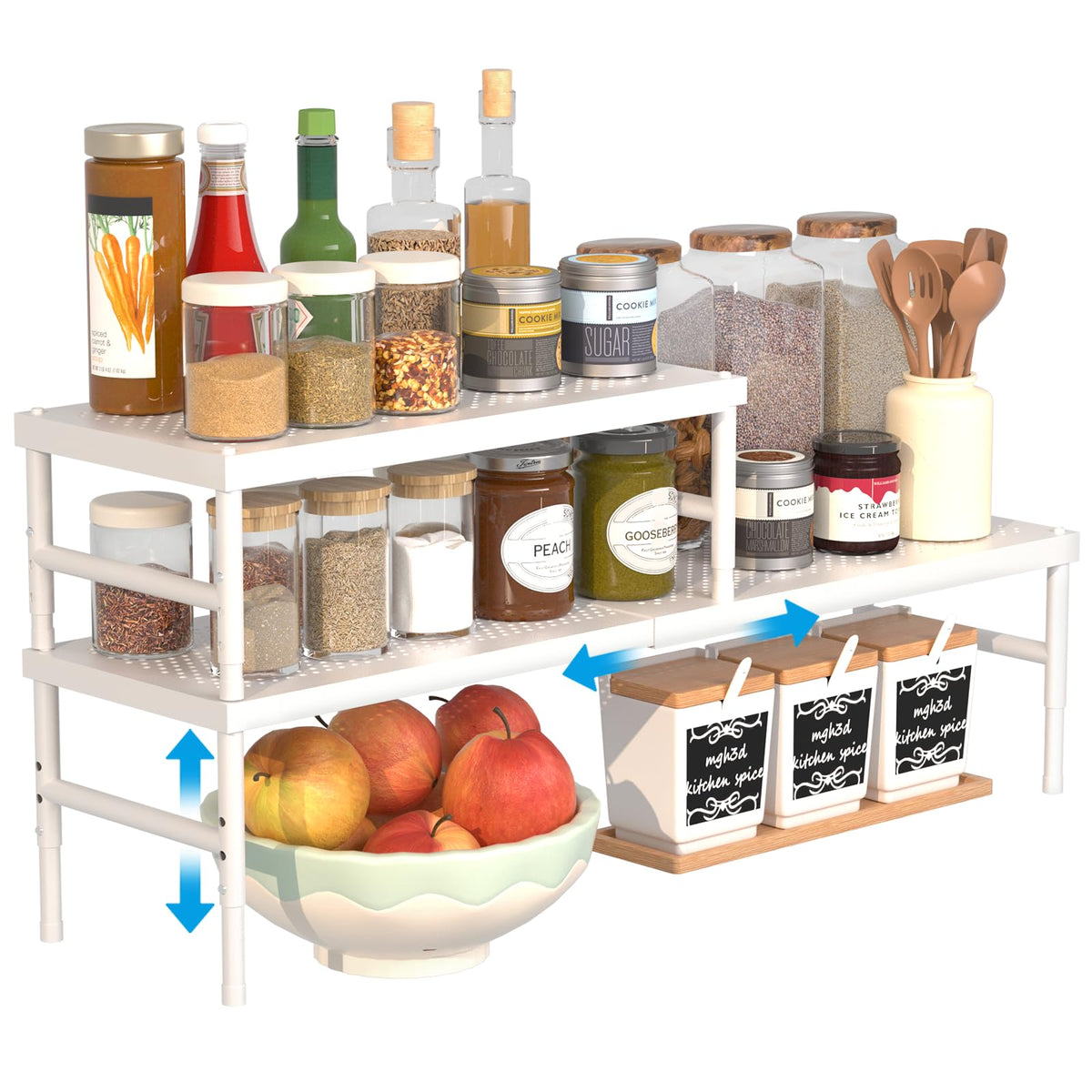 HI NINGER Expandable adjustable stackable kitchen organizer,Spice Racks,Counter Shelf for Cabinets,Small Cupboard Organizers,Heavy Duty Metal Pantry Storage Shelves Racks for kitchen,cabinet