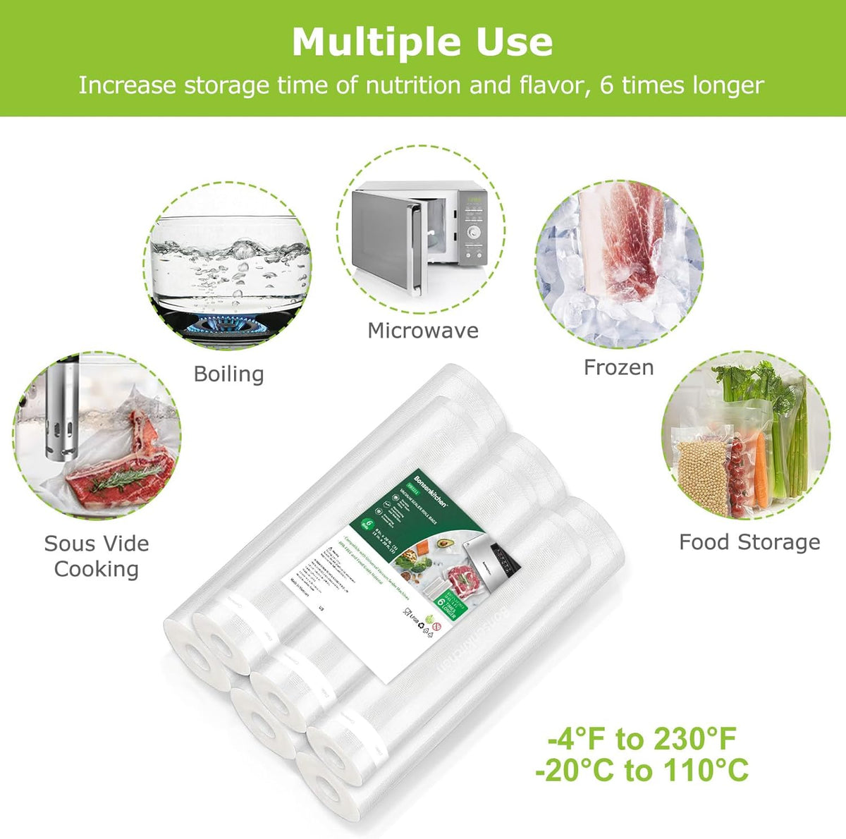 Bonsenkitchen Vacuum Sealer Rolls bags, 3 Rolls 11"x 20'+ 3 Rolls 8"x 20'
