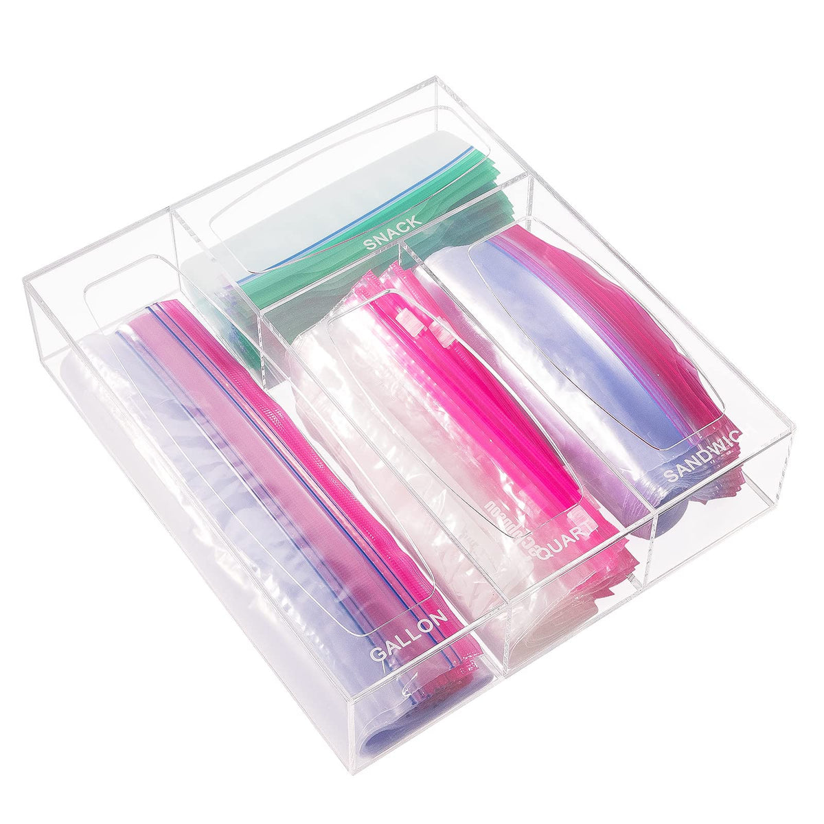 Aquiver Acrylic Bags Storage Organizer - Baggie Bags Drawer Organizer & Plastic Food Storage Bags Holder - Compatible with Gallon, Quart, Sandwich, Snap, Freezer, Slider Bags (Clear)