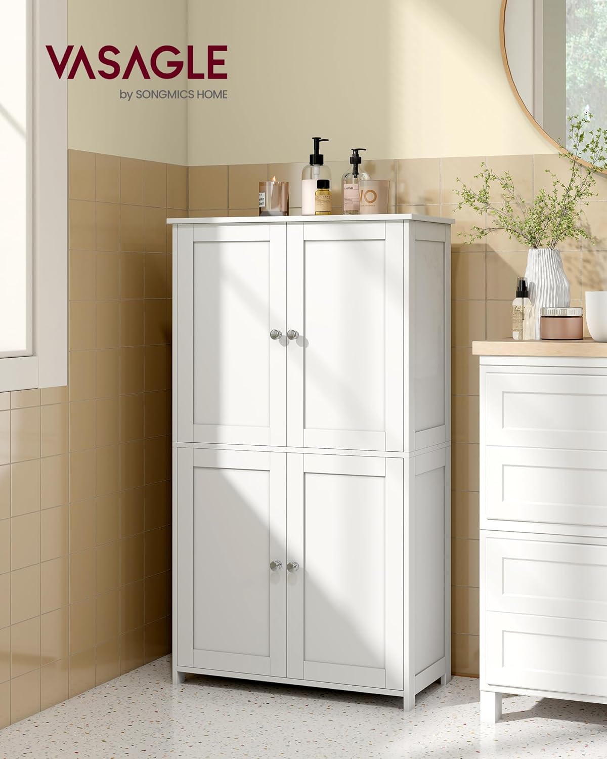 VASAGLE Floor Storage Cabinet, 2 Adjustable Shelves, 4 Doors,42.7" H