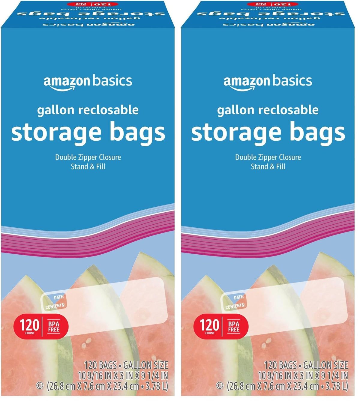 Amazon Basics Reclosable Gallon Food Storage Bags with Double Zipper Seal, Stand and Fill Base, BPA Free, 120 Count