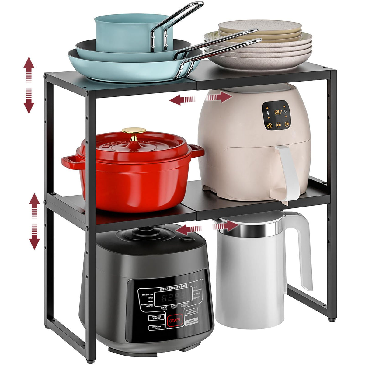 Expandable Metal Storage Shelves, 110LBS Heavy Duty Shelving Units and Storage for Pots Pans Small Appliances, Adjustable Metal Storage Shelf Organizer Rack for Kitchen Cabinets Closet Pantry Garage