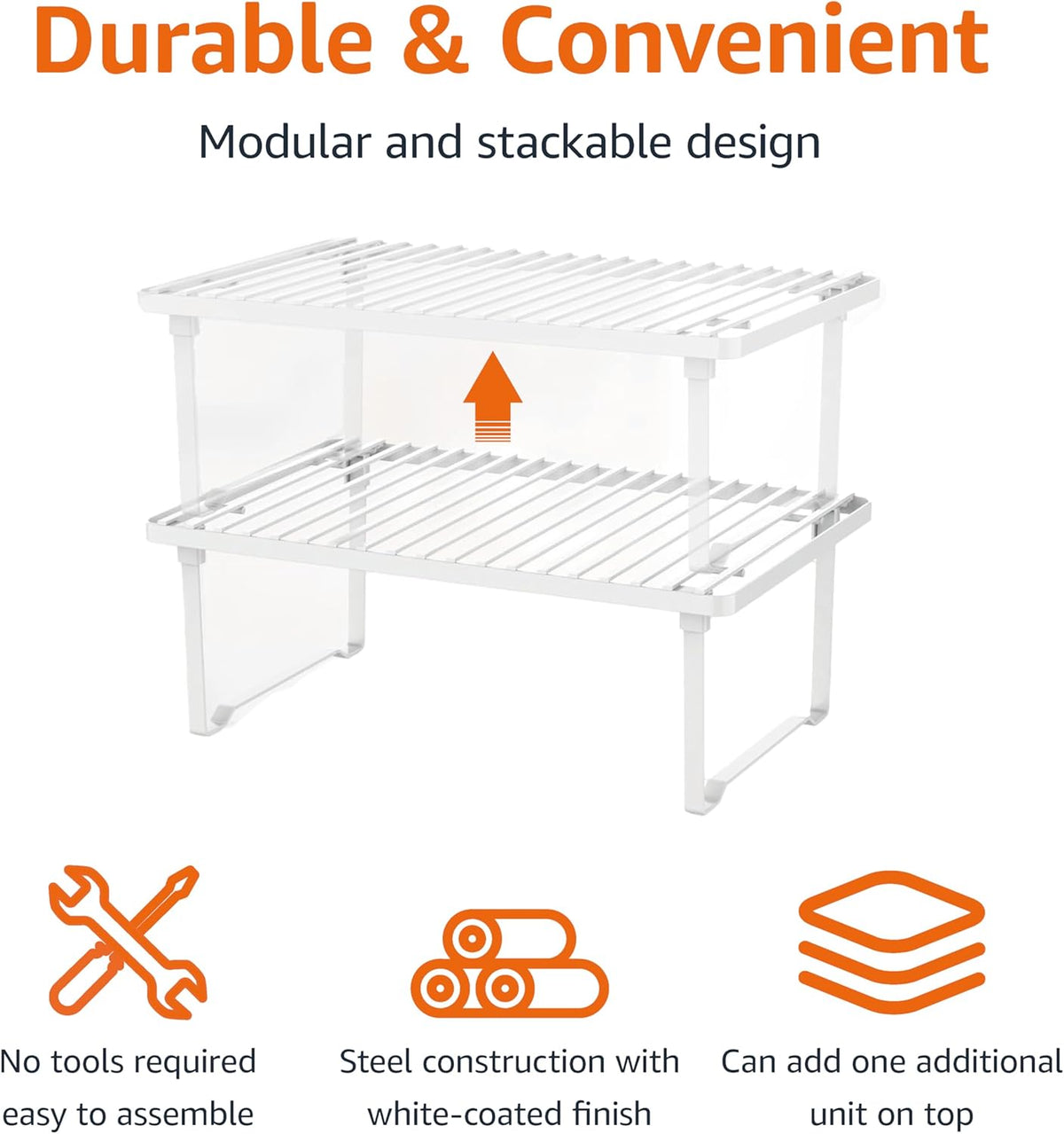 Amazon Basics Space-Saving Stackable Metal Kitchen Cabinet Organizer Shelves for Dishes, Pantry Organization, 12.5" L x 8" D x 4.5" H, Set of 2, White