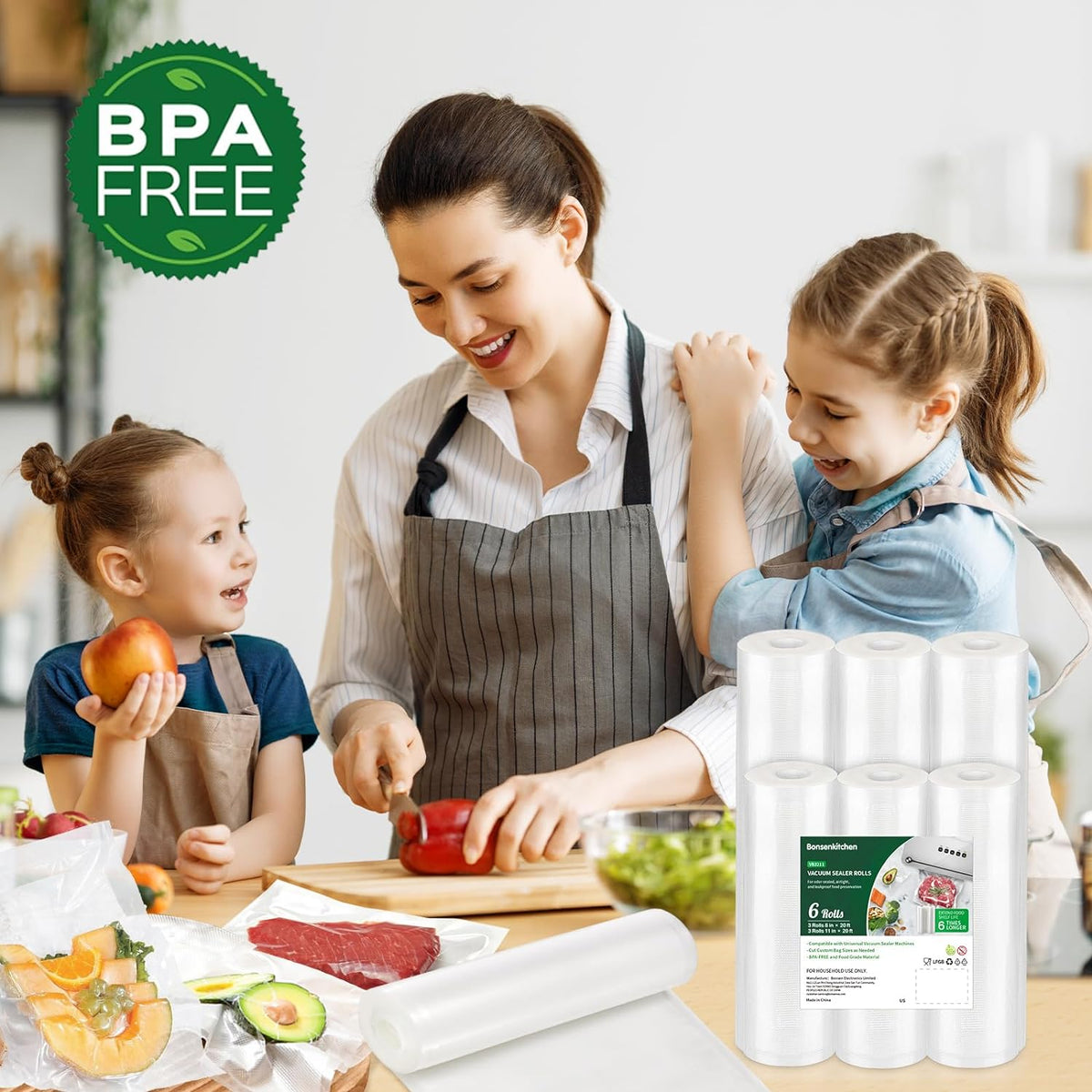Bonsenkitchen Vacuum Sealer Rolls bags, 3 Rolls 11"x 20'+ 3 Rolls 8"x 20'