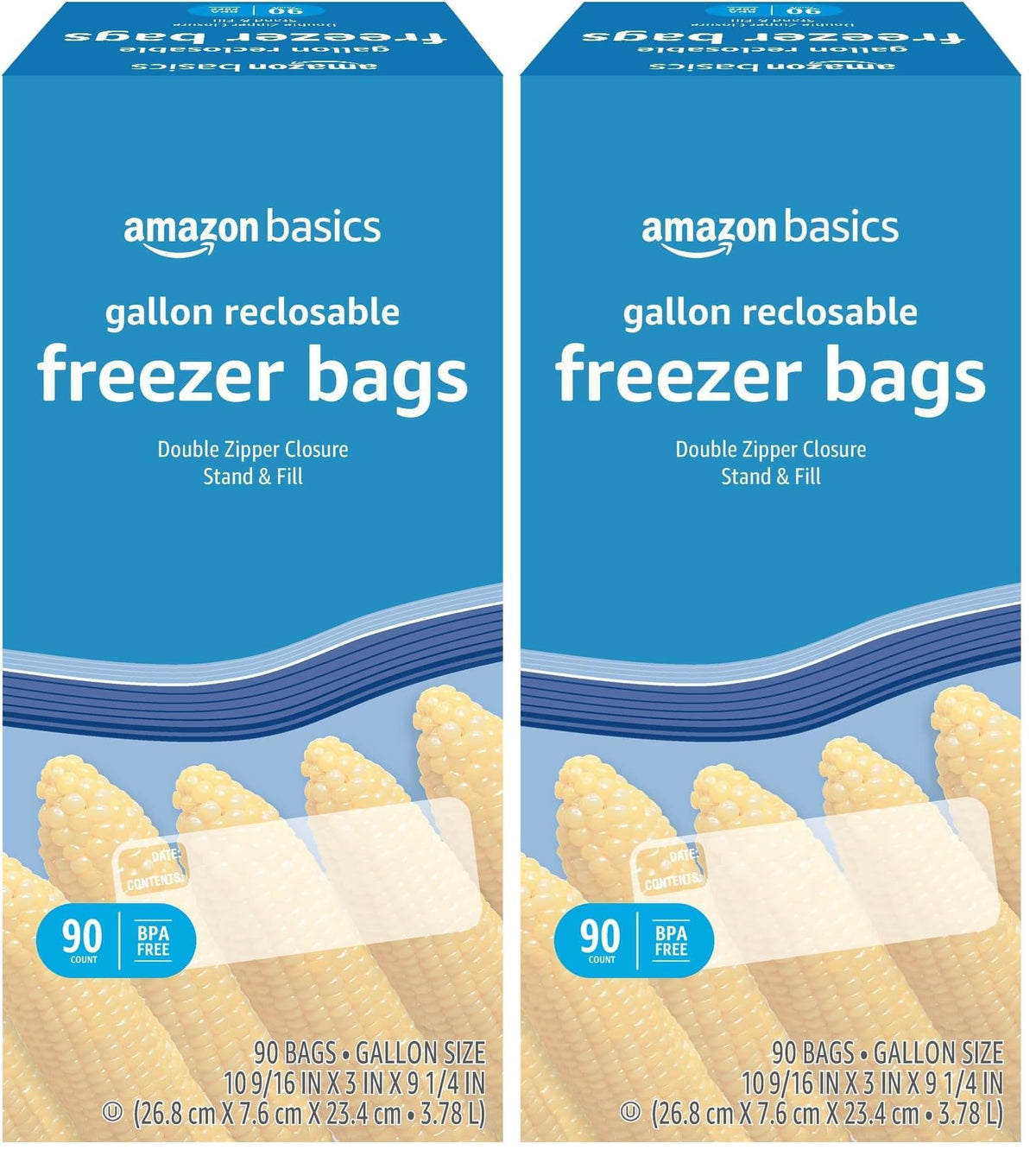 Amazon Basics Reclosable Freezer Gallon Size Bags with Double Zipper Seal, Stand-Up Bottom, BPA Free, 90 Count (Previously Solimo)