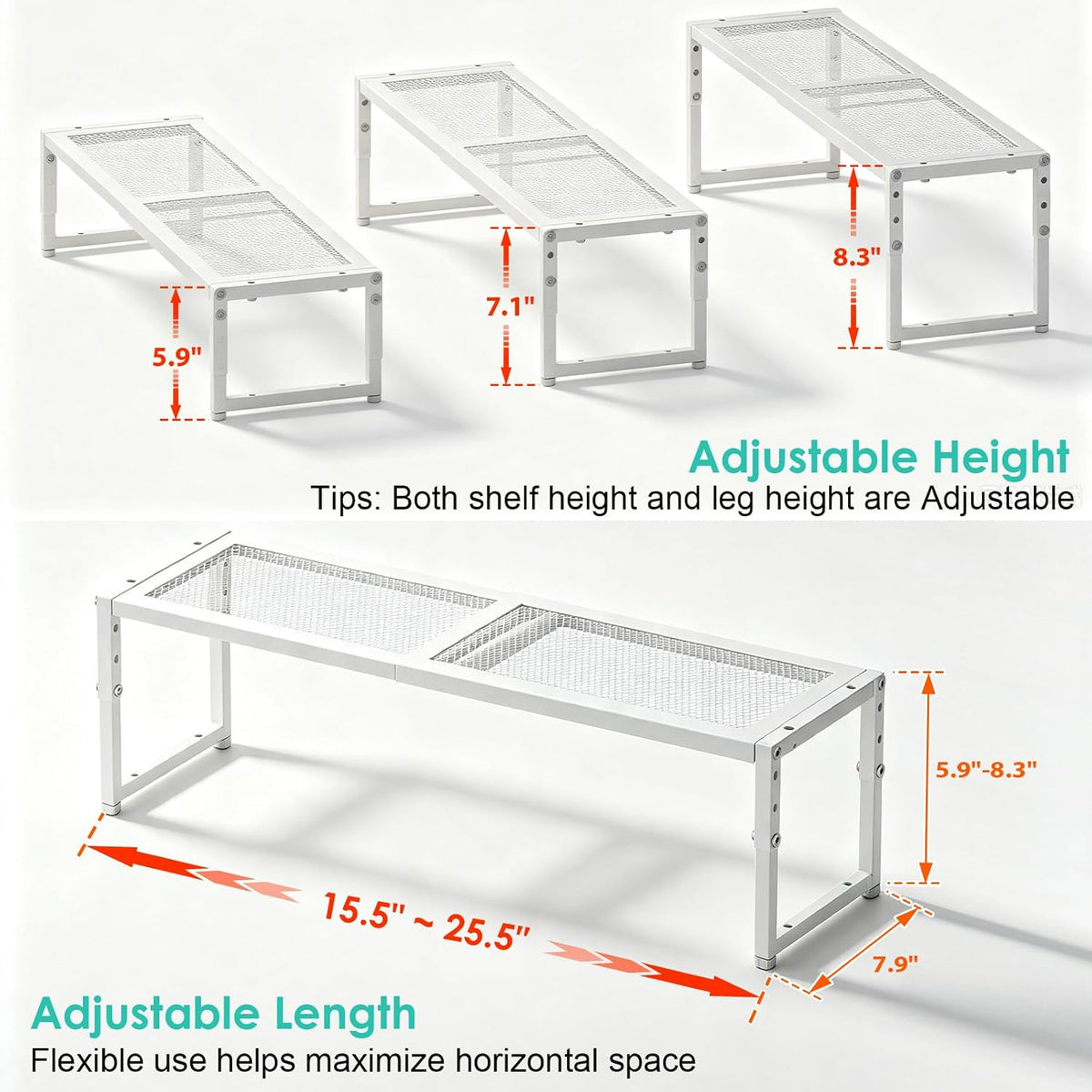 2 Pack Expandable Cabinet Shelf Organizer, Adjustable Kitchen Countertop Metal Storage Shelves Organizers, Stackable Kitchen Counter Pantry Cupboard Storage Rack, 30LBS Load Capacity,15.5"-25.5" Long