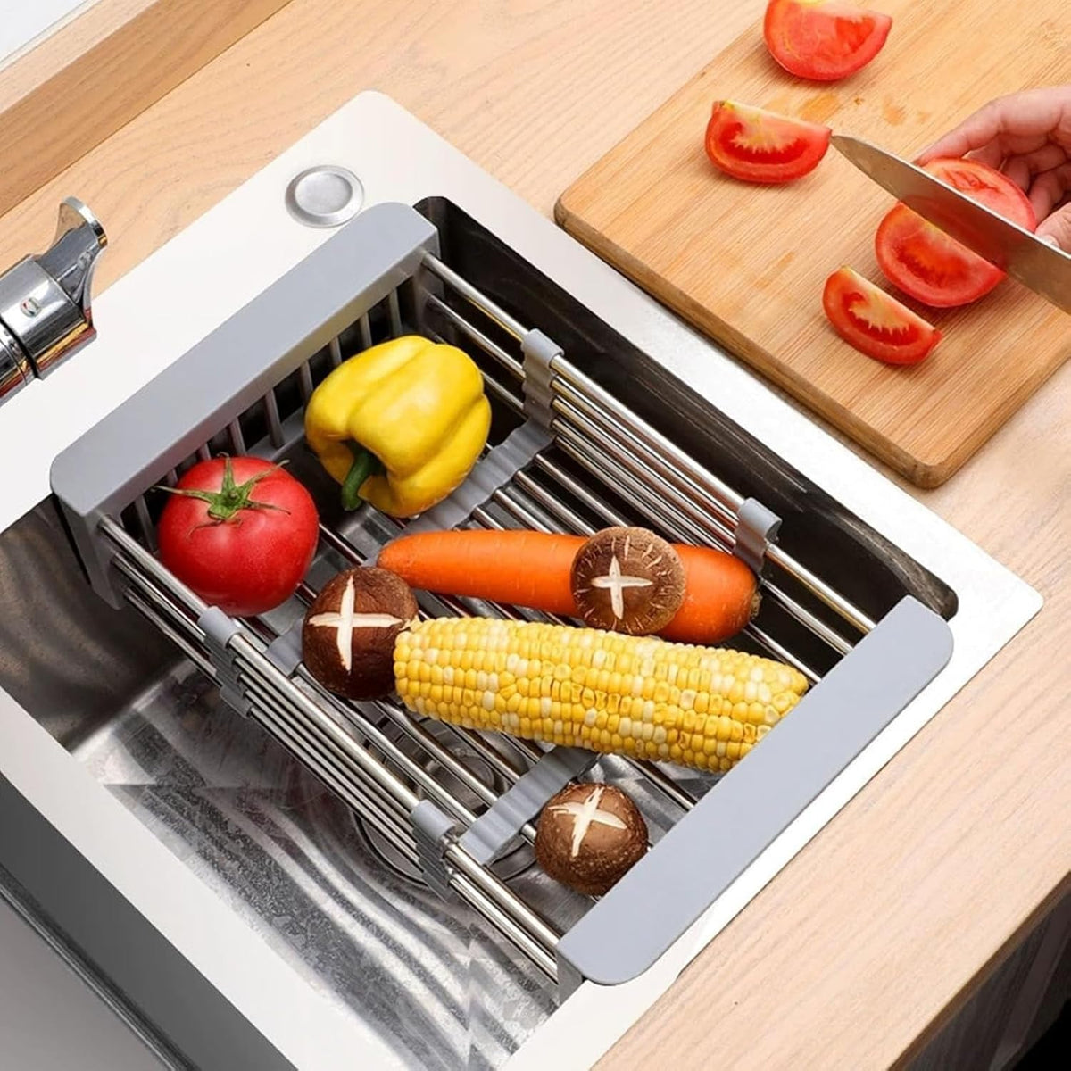 Extend Kitchen Sink Drain Basket,Stainless Steel Retractable Sink Rack,Over Sink Dish Rack,Portable Telescopic Kitchen Sinks Accessories,Extender Basket for Vegetables Fruits and Dishes(Black,Large)