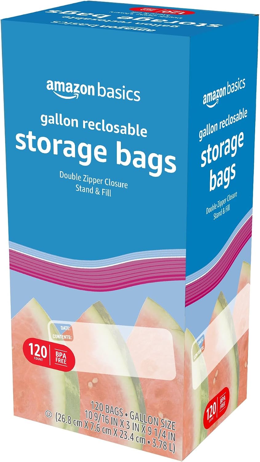 Amazon Basics Reclosable Gallon Food Storage Bags with Double Zipper Seal, Stand and Fill Base, BPA Free, 120 Count