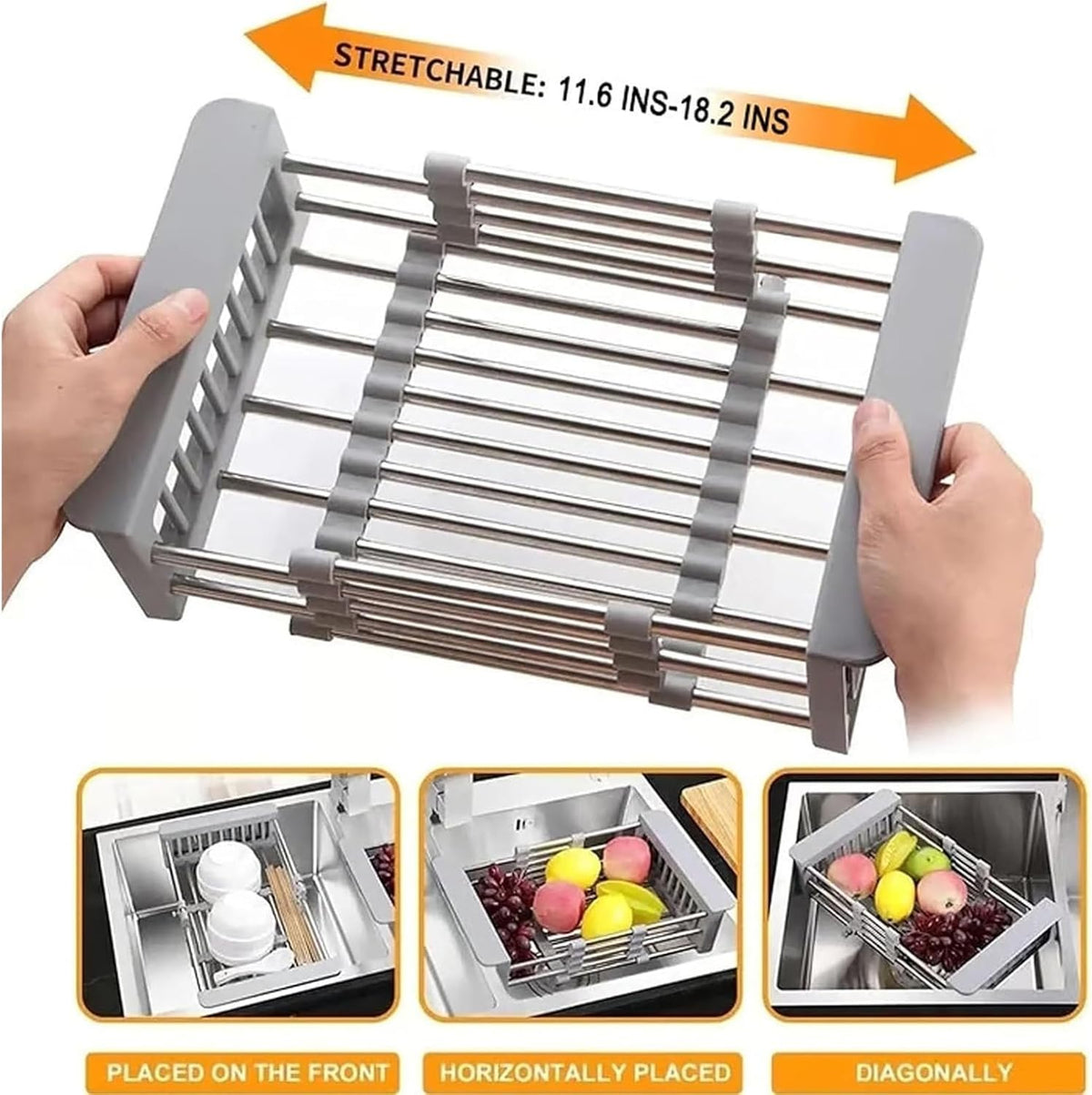 Extend Kitchen Sink Drain Basket,Stainless Steel Retractable Sink Rack,Over Sink Dish Rack,Portable Telescopic Kitchen Sinks Accessories,Extender Basket for Vegetables Fruits and Dishes(Black,Large)