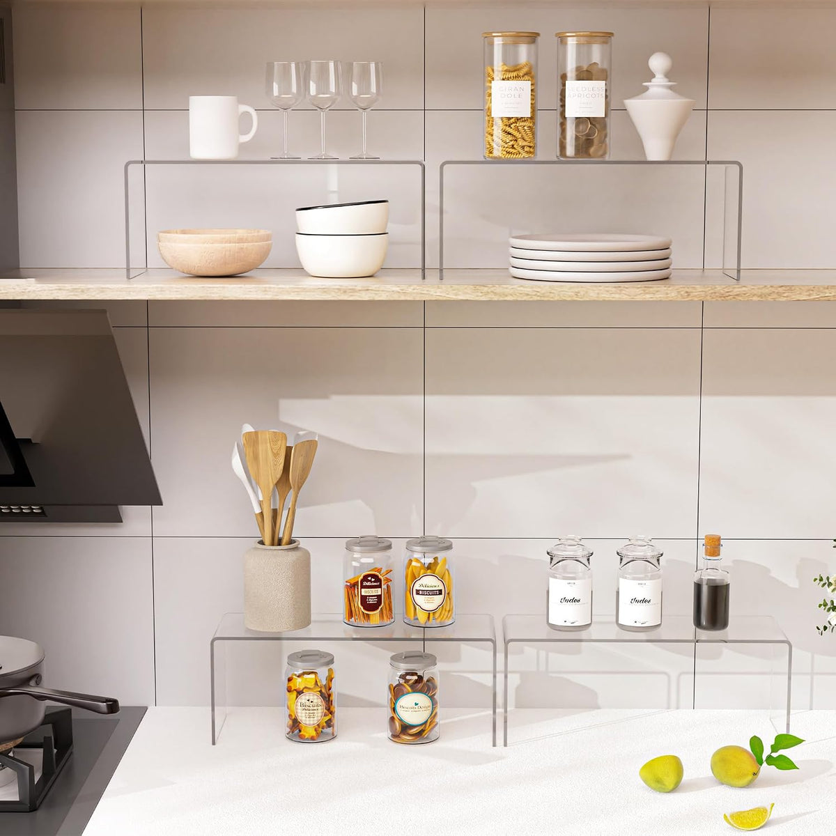 Aminigram Cabinet Shelf Organizer, 4 Pack Clear Riser(12.4 x 4 x 4.6 inch)