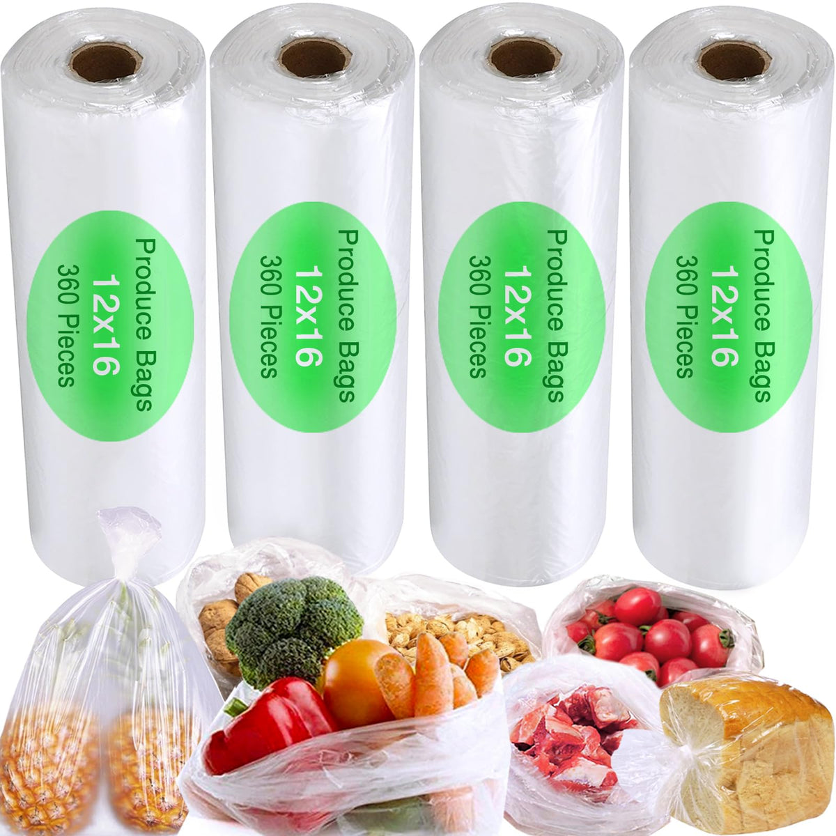 Food Storage Bags, 12” x 16” Clear Plastic Bags, Fresh-Keeping Produce Bags Roll for Food, Fruit, Vegetable, Refrigerator Storage, Kitchen, Supermarket, 1 Roll 350 Storage Bags